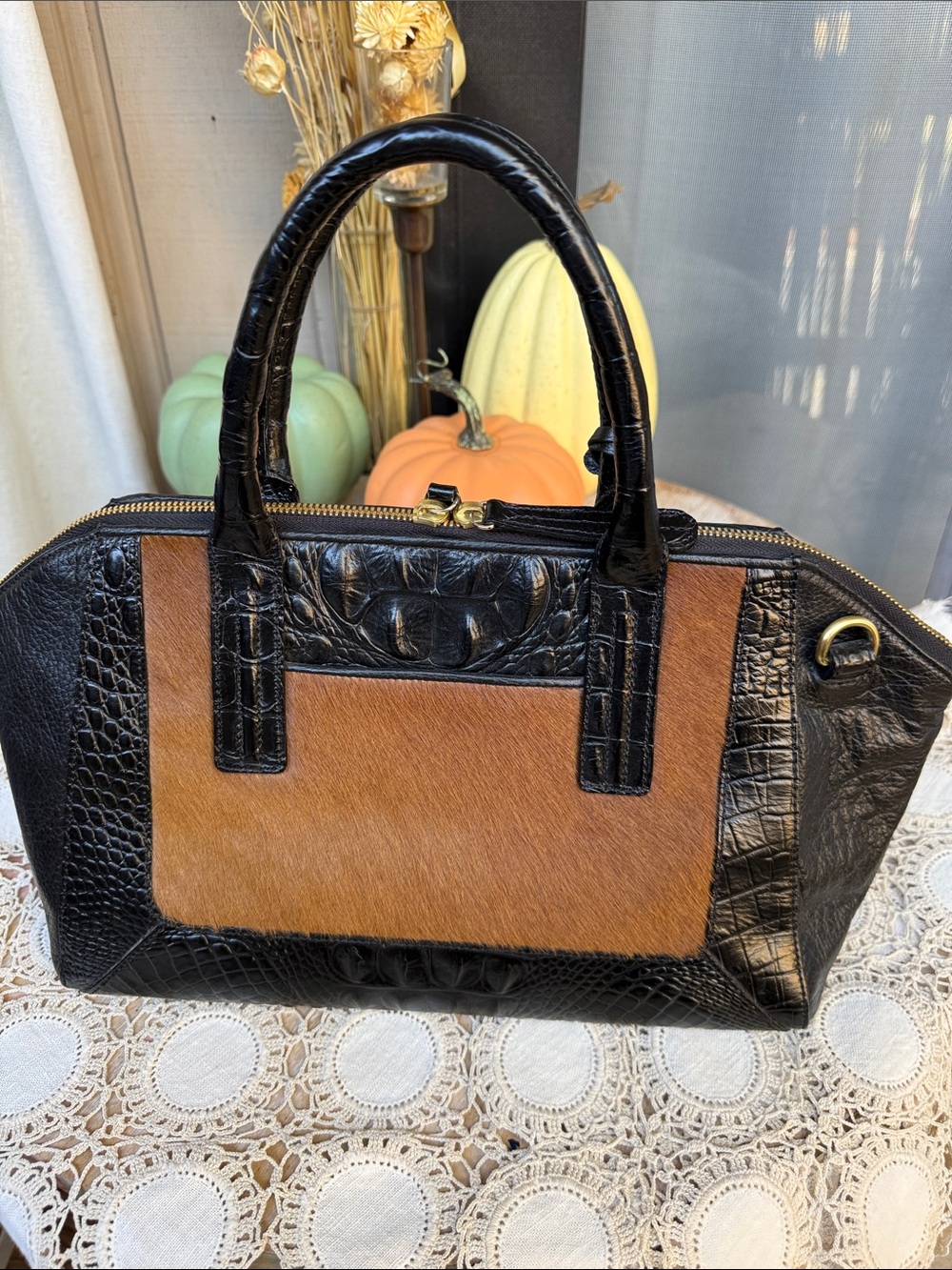 Brahmin Black Croc-Embossed & Brown Haircalf Satchel - Picture 3 of 10